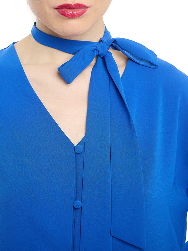 Blusa de Escote en V con Corbata y Botonadura Frontal