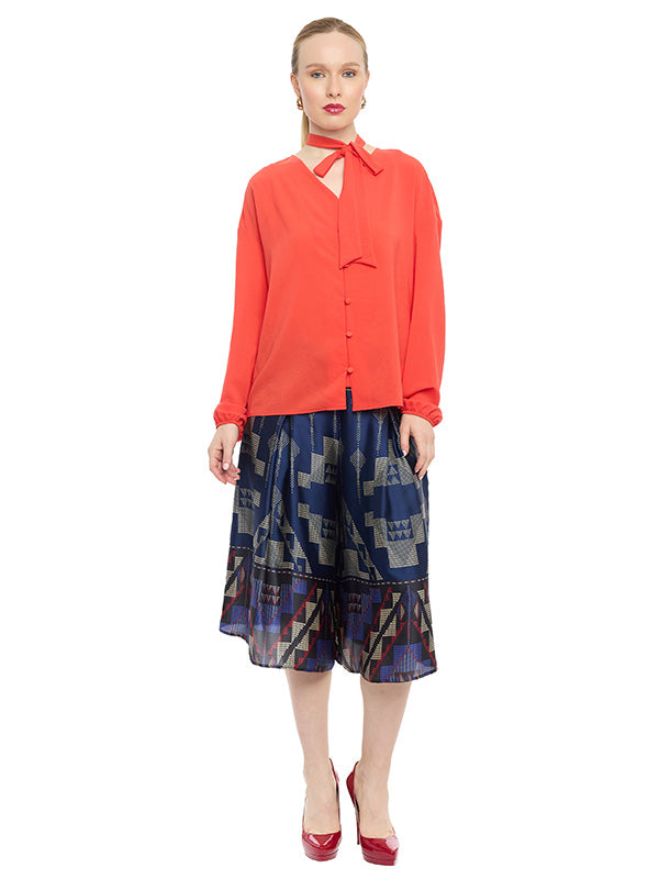 Blusa Escote en V con Corbata y Botones Frontales