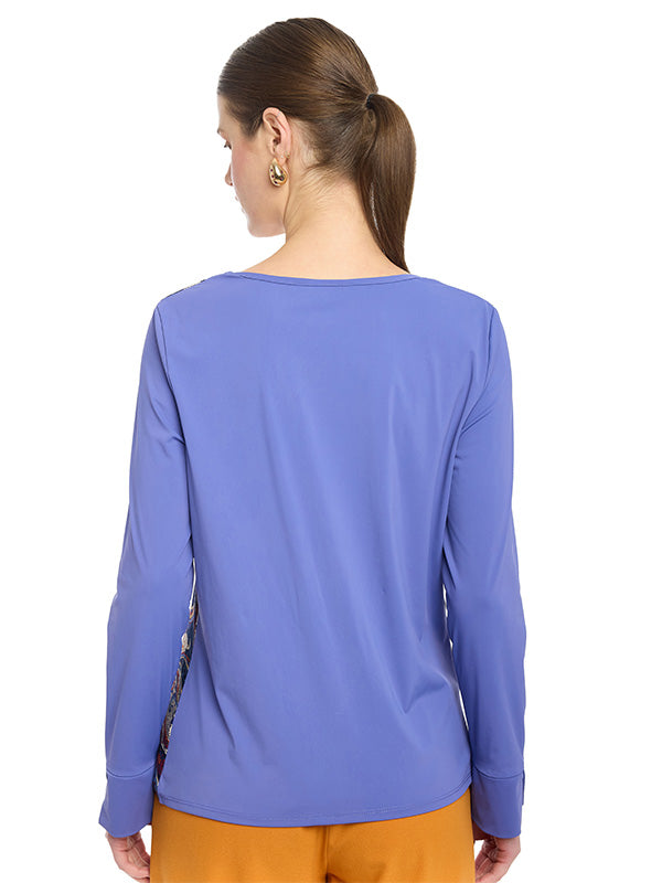 Blusa Escote en V con Contraste de Telas y Detalle en Ruedo