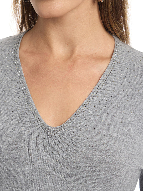 Suéter Jersey Liso con Cuello en V y Manga Larga