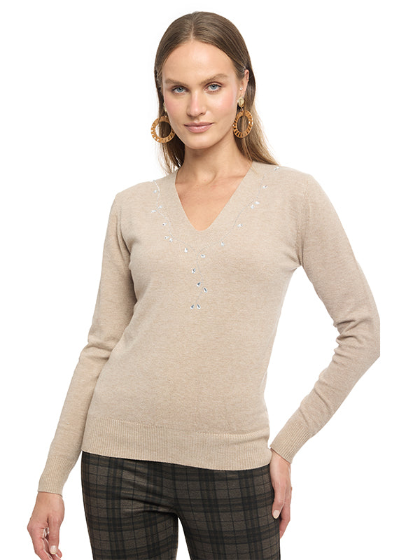 Suéter Jersey Liso con Transfer, Cuello V y  Manga Larga