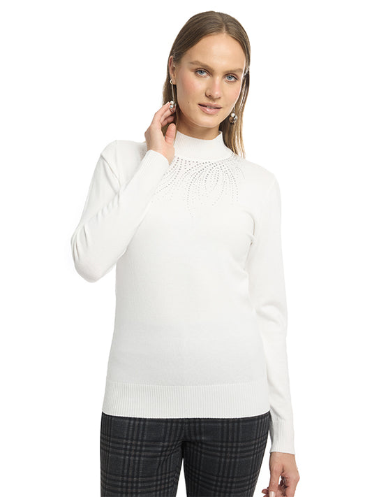 Suéter Jersey Liso con Transfer, Cuello Alto y Manga Larga