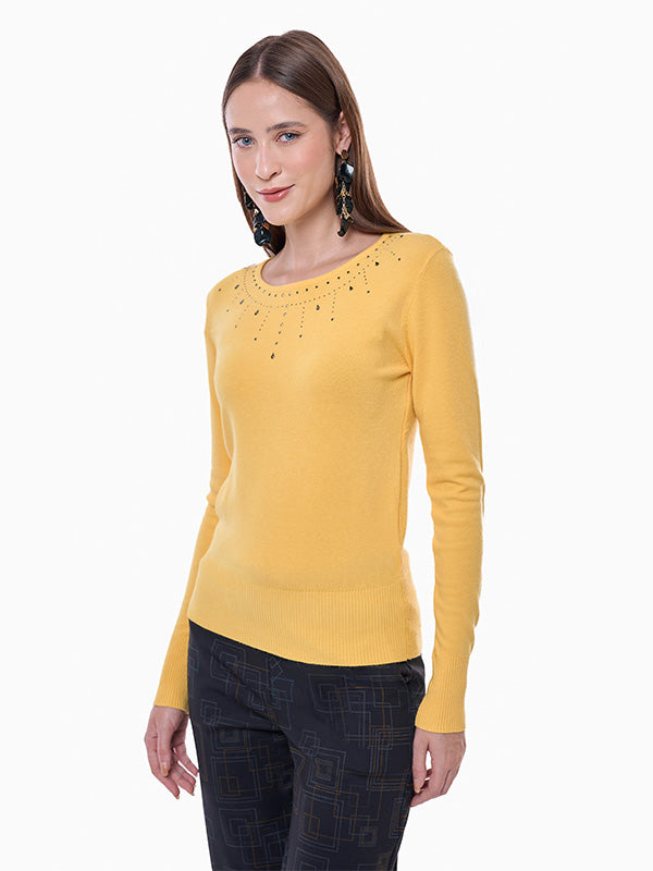 Suéter de Jersey Liso con Aplicación Transfer y Cuello Redondo