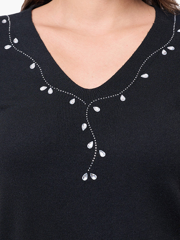 Suéter de Jersey Liso con Cuello V y Aplicación Transfer
