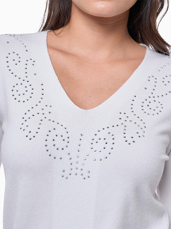 Suéter de Jersey Liso con Cuello en V y Detalle Transfer