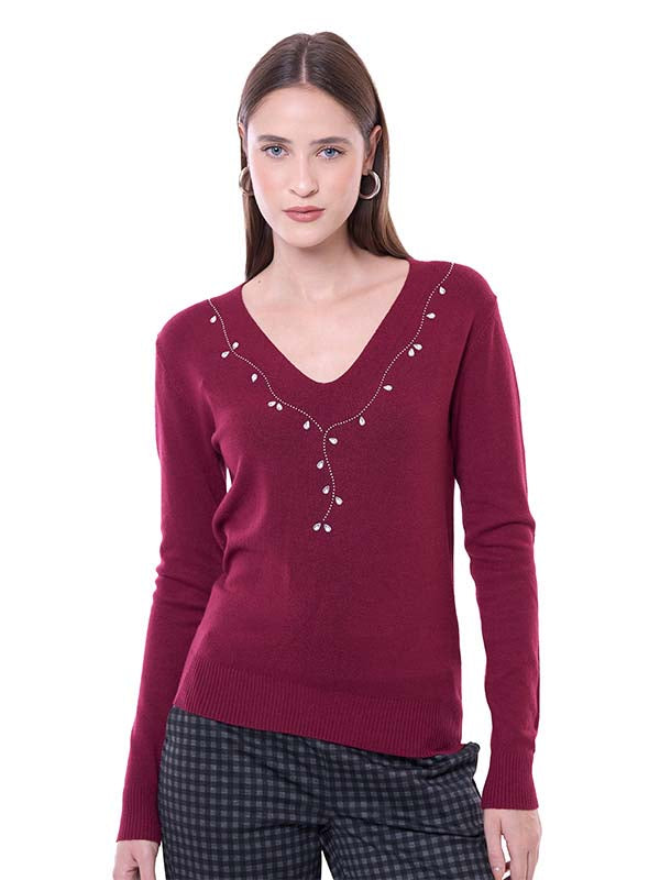 Suéter de Jersey Liso con Cuello V y Transfer
