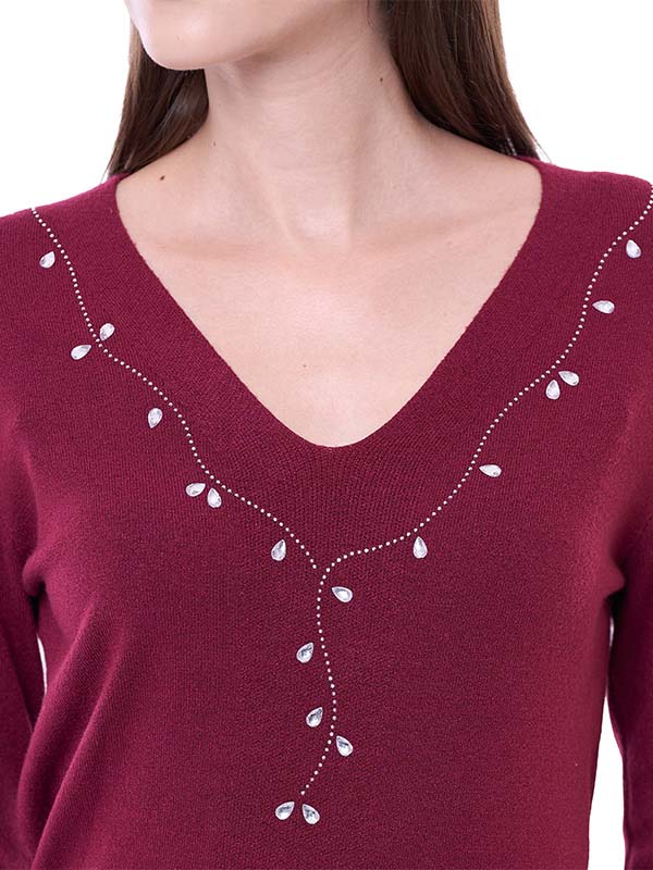 Suéter de Jersey Liso con Cuello V y Transfer