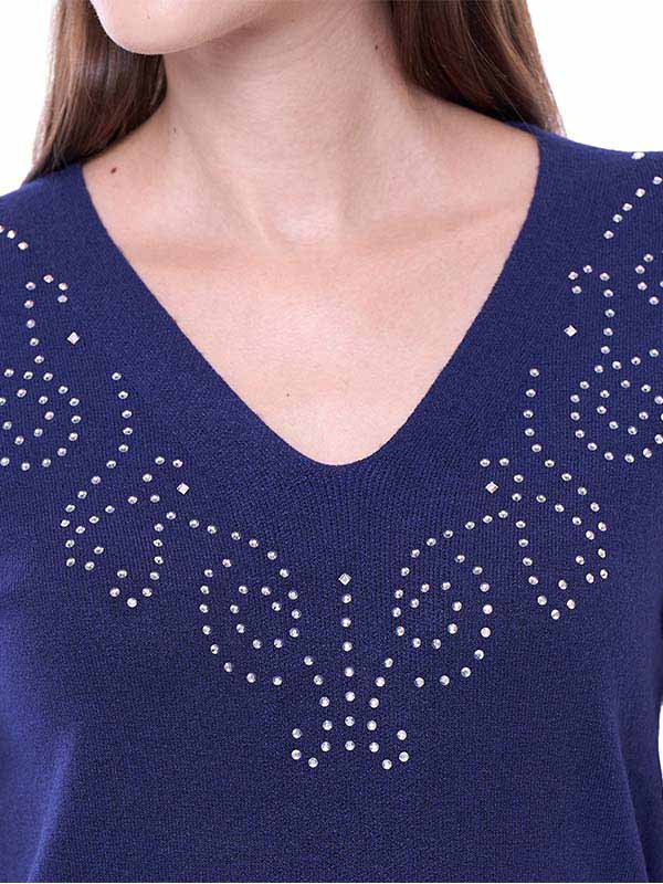 Suéter de Jersey para Dama Liso Cuello V Manga Larga con Transfer