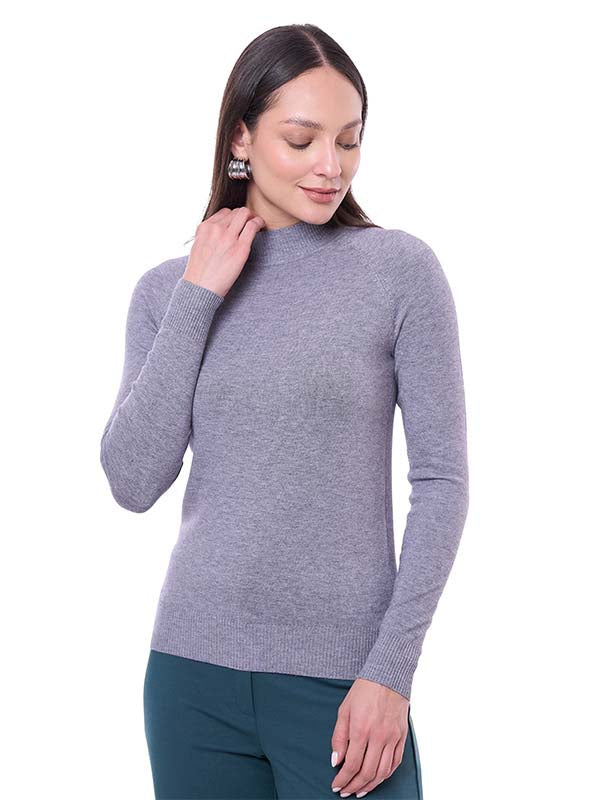 Suéter de Jersey para Dama Liso Cuello Alto Manga Larga Largo Medio
