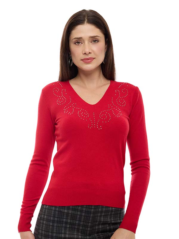 Suéter de Jersey Liso con Cuello V y Aplicación de Transfer