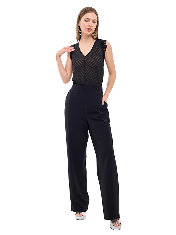 Jumpsuit de Tafetán Liso con Cuello V y Pierna Ancha