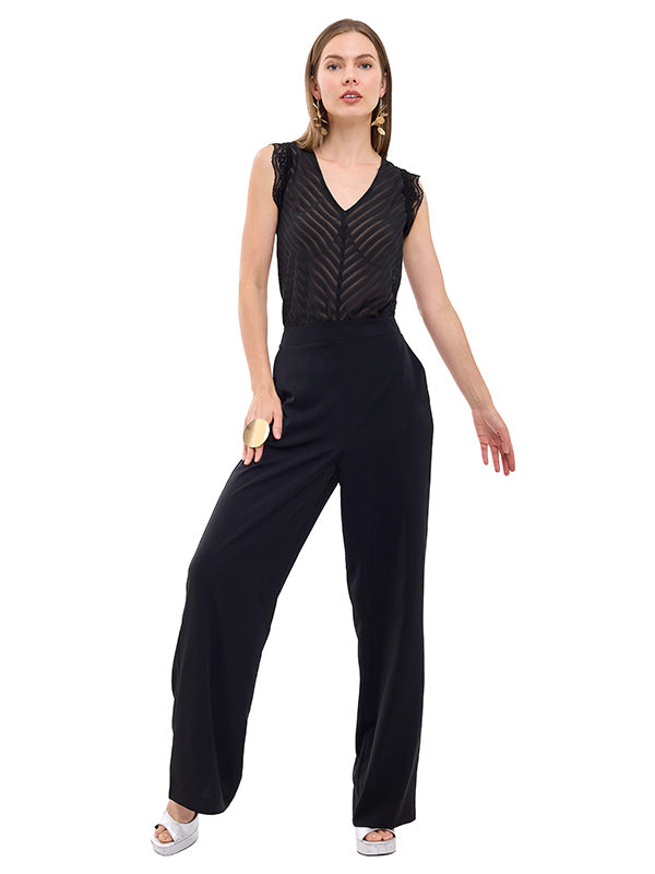 Jumpsuit de Tafetán Liso con Cuello V y Pierna Ancha