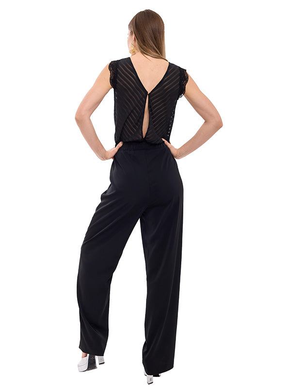 Jumpsuit de Tafetán Liso con Cuello V y Pierna Ancha