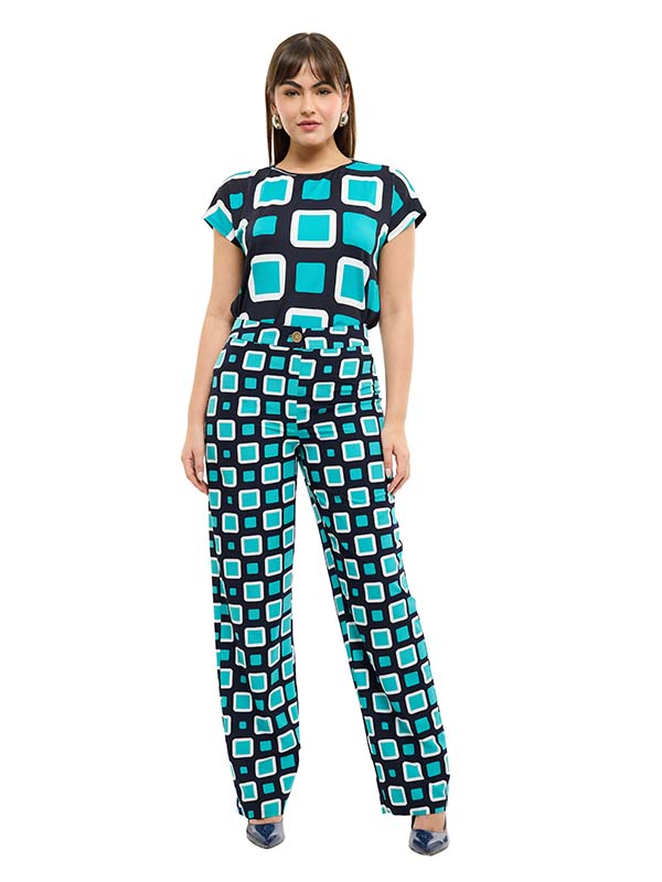 Pantalón de Tafetán Estampado de Cuadros con Cintura Alta