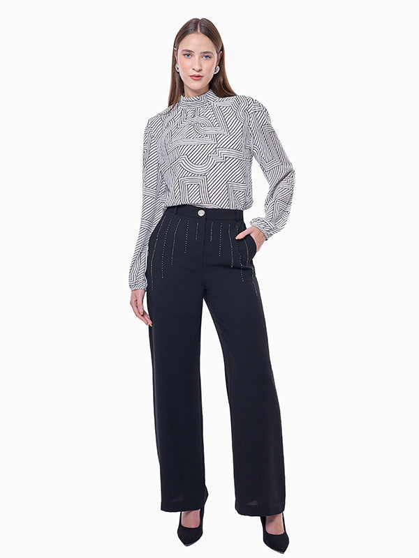 Pantalón de Tafetán Liso de Corte Recto y Cintura Media