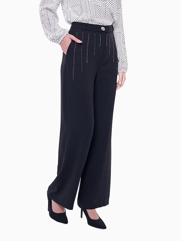 Pantalón de Tafetán Liso de Corte Recto y Cintura Media