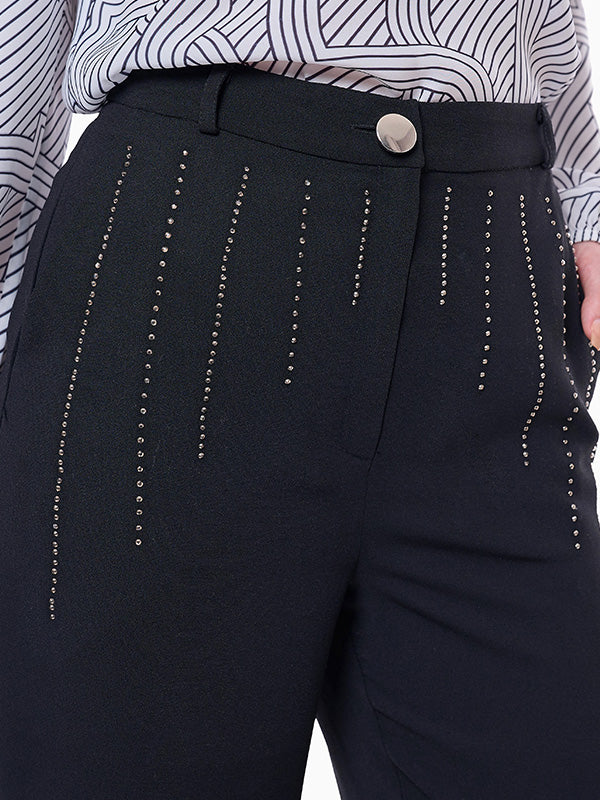 Pantalón de Tafetán Liso de Corte Recto y Cintura Media