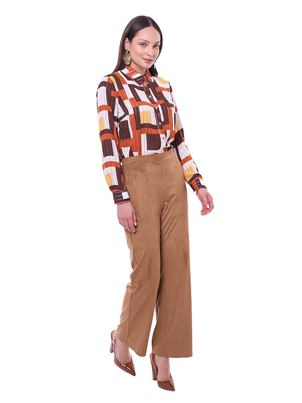 Pantalón de Suede para Dama Liso Cintura Alta Pierna Recta con Elástico