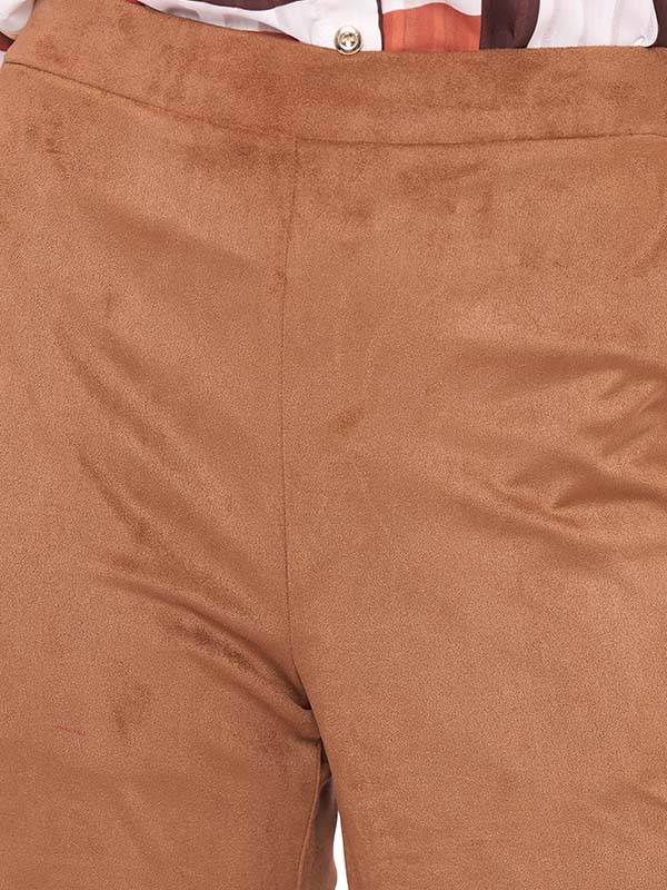 Pantalón de Suede para Dama Liso Cintura Alta Pierna Recta con Elástico