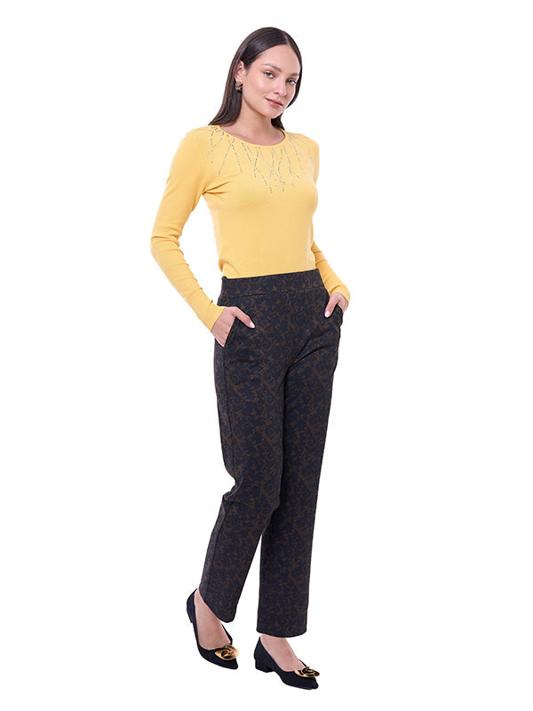 Pantalón de Super Ponti para Dama Estampado Damasco Cintura Alta con Bolsas