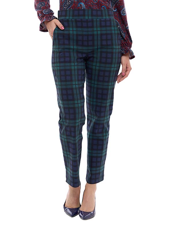 Pantalón de Bengalina Estampado Escocés de Tiro Alto