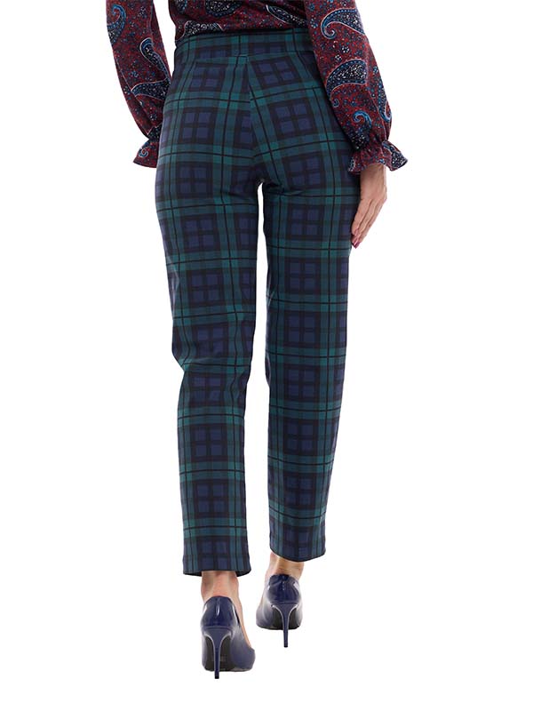 Pantalón de Bengalina Estampado Escocés de Tiro Alto
