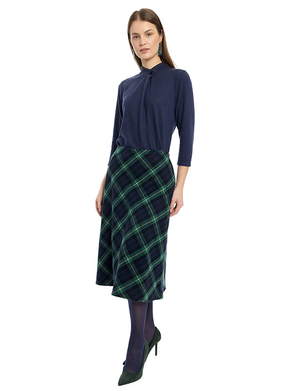 Falda de Tafetán Estampado Escocés, Silueta Circular y Largo 3/4