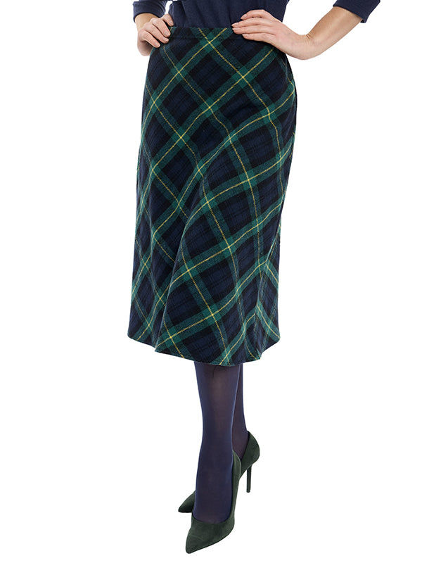 Falda de Tafetán Estampado Escocés, Silueta Circular y Largo 3/4