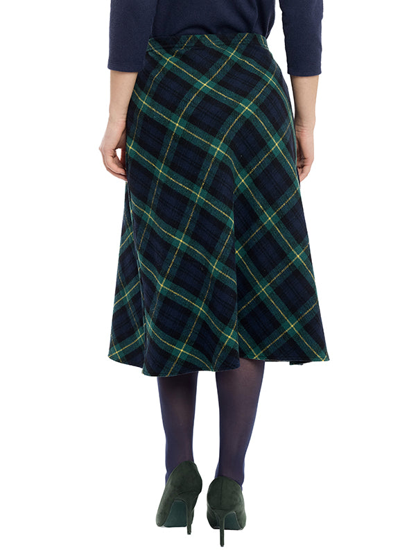 Falda de Tafetán Estampado Escocés, Silueta Circular y Largo 3/4
