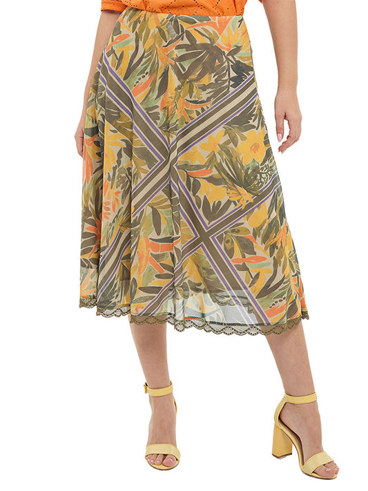 Falda Larga Mesh Estampado Floral Silueta Circular