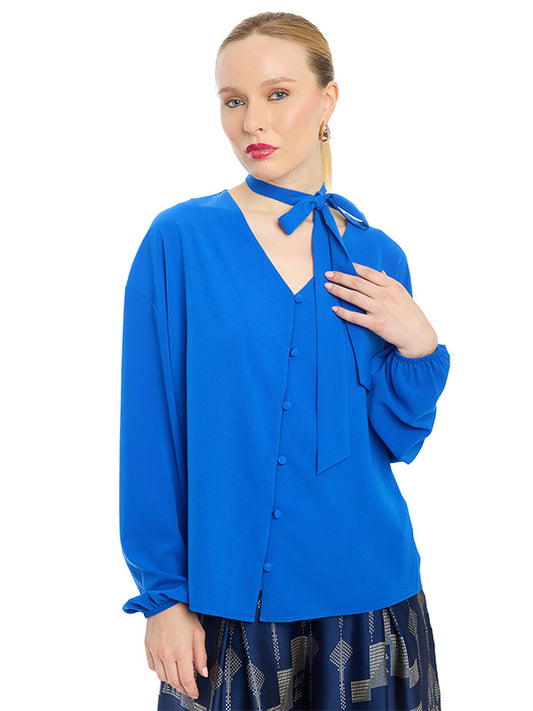 Blusa de Escote en V con Corbata y Botonadura Frontal