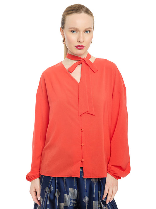 Blusa Escote en V con Corbata y Botones Frontales