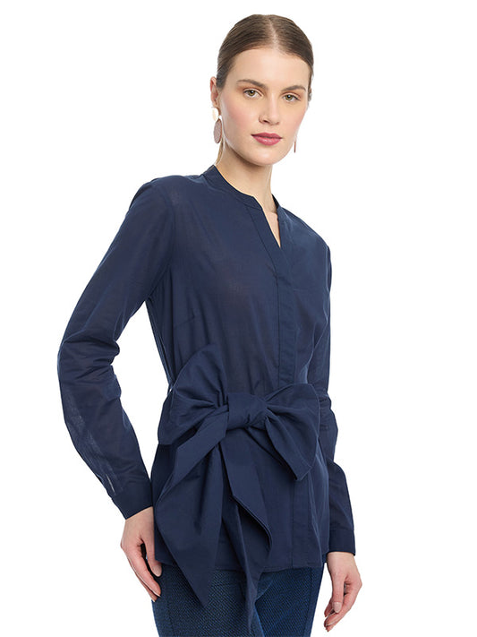 Blusa Cuello Mao con Cinta de Amarre en la Cintura