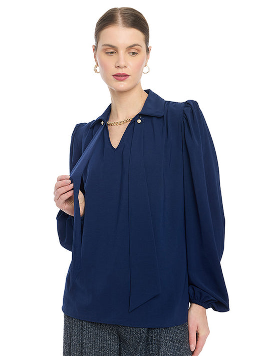 Blusa Cuello Camisero con Corbata y Cadena Desmontables