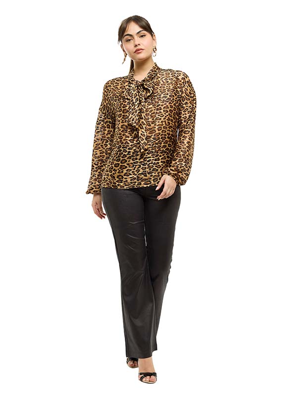Blusa Plisada con Cinta en Escote y Mangas Abullonadas