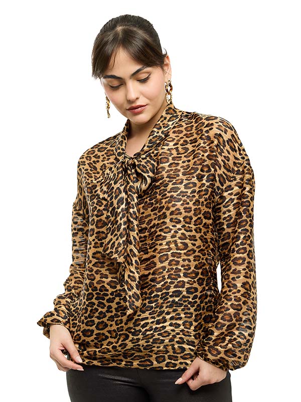 Blusa Plisada con Cinta en Escote y Mangas Abullonadas