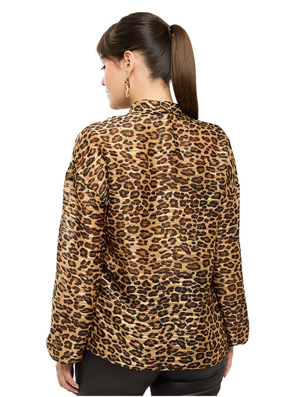 Blusa Plisada con Cinta en Escote y Mangas Abullonadas