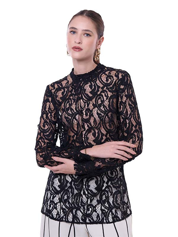 Blusa con Cinta en Cuello y Puños con Abertura