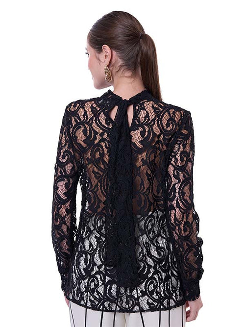 Blusa con Cinta en Cuello y Puños con Abertura