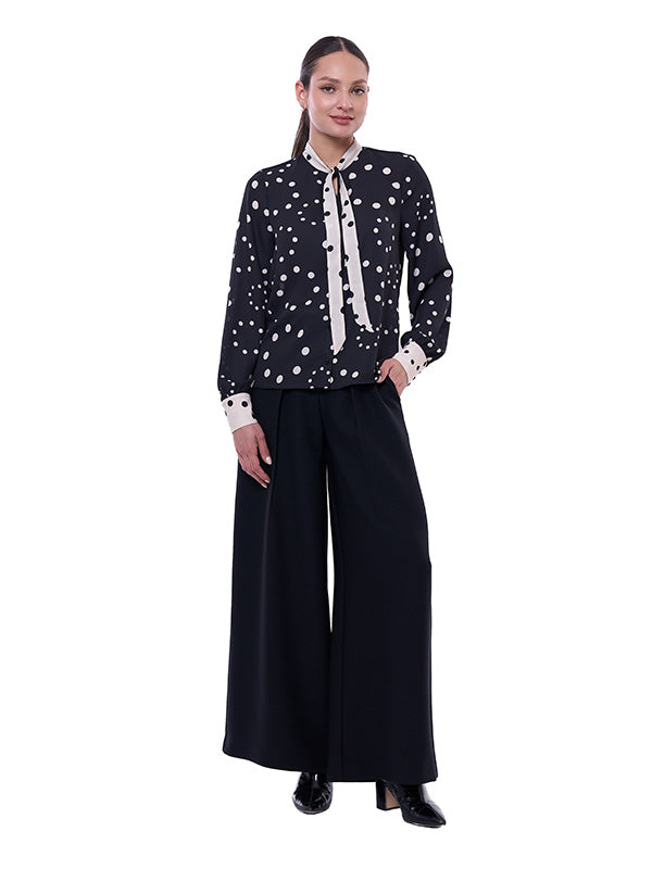 Blusa para Dama con Corbata y Puños en Contraste de Tela Manga Larga