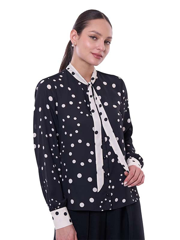 Blusa para Dama con Corbata y Puños en Contraste de Tela Manga Larga
