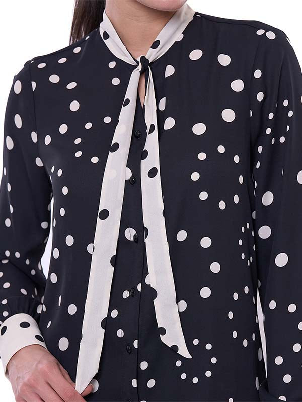 Blusa para Dama con Corbata y Puños en Contraste de Tela Manga Larga