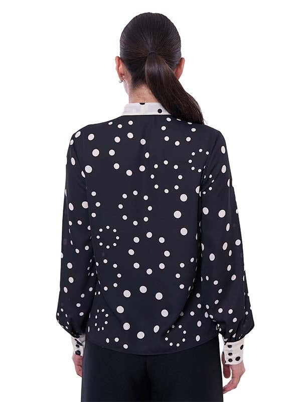 Blusa para Dama con Corbata y Puños en Contraste de Tela Manga Larga