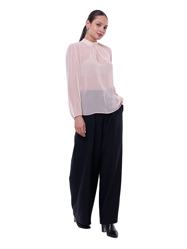 Blusa de Dama Cuello Perkins Manga Larga Aglobada con Pliegues