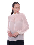 Blusa de Dama Cuello Perkins Manga Larga Aglobada con Pliegues