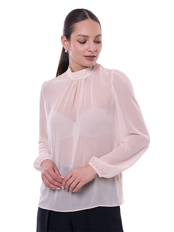 Blusa de Dama Cuello Perkins Manga Larga Aglobada con Pliegues