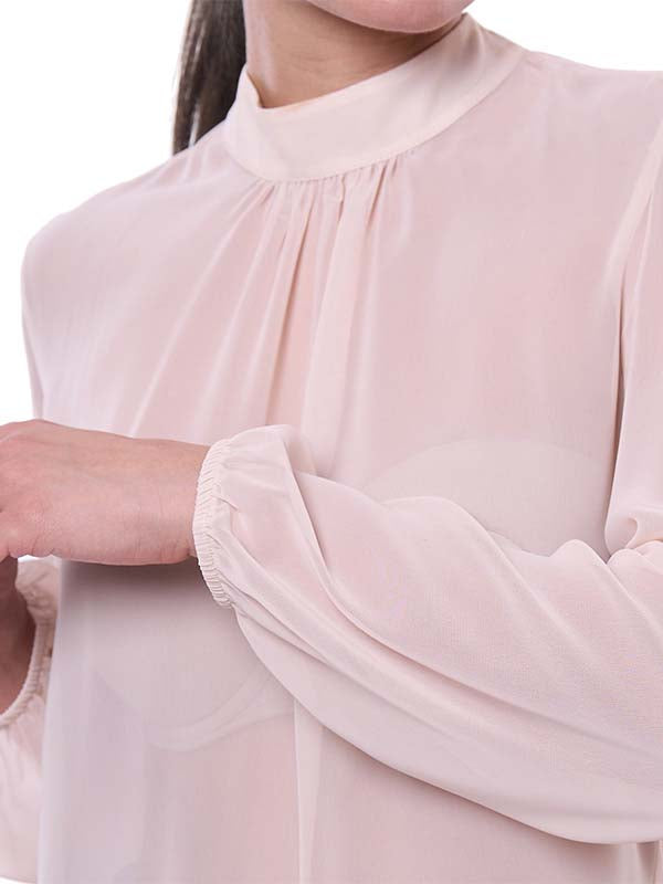 Blusa de Dama Cuello Perkins Manga Larga Aglobada con Pliegues