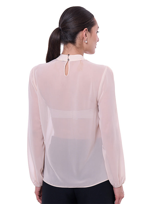 Blusa de Dama Cuello Perkins Manga Larga Aglobada con Pliegues