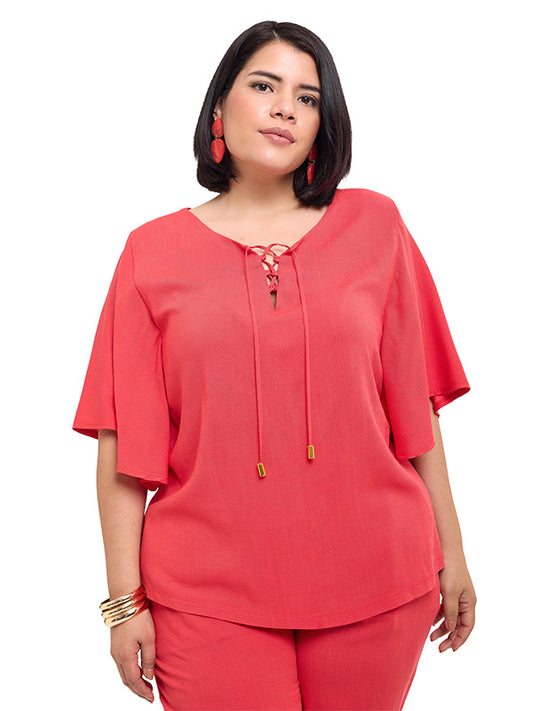 Blusa con Manga Amplia y Jaretas en Escote