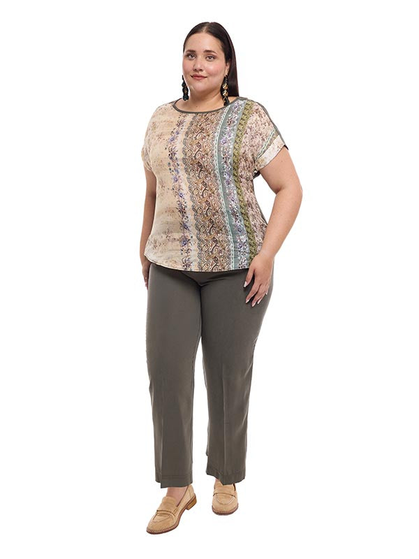 Blusa de Dama Manga Corta con Combinación de Telas y Botones